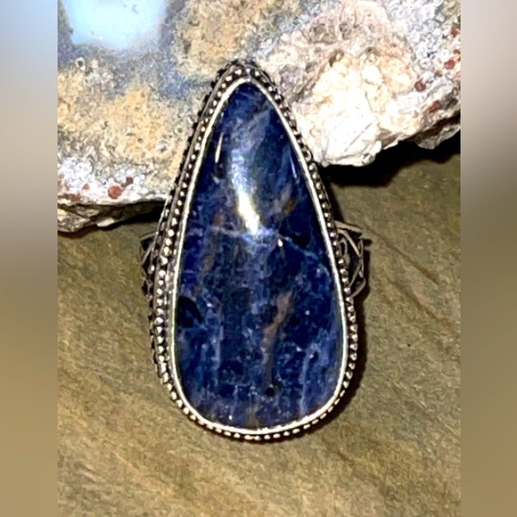 Vintage Sodalite Chunky Gemstone Boho, Festival Ring Size 6.5 Silver Blue - Picture 7 of 9